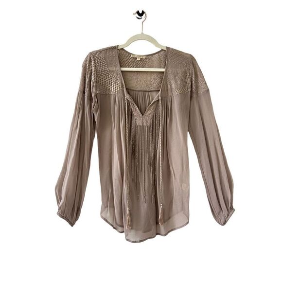 Gold Hawk Tassel Front Long Sleeve Peasant Blouse Womens Tan Size XS - Picture 1 of 8